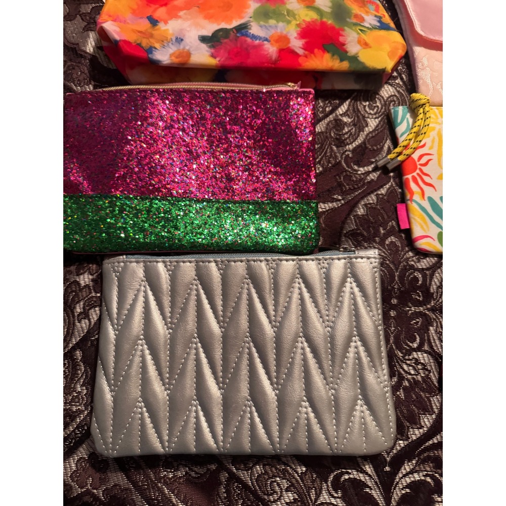 Lot 11 Ipsy Clinique Cosmetic Bags New Makeup Pouches Floral Glitter Velvet Blue - Picture 3 of 6